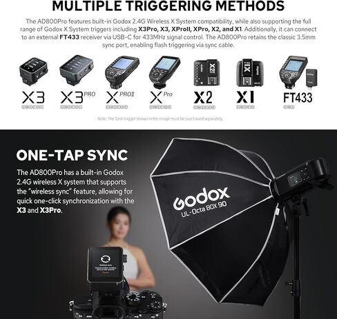 Godox AD800 Pro AD800Pro فلاش ستروب خارجي، محمول 800Ws 2.4G TTL 1/8000 HSS Monolight، إعادة تدوير 0.01-1.5s، مصباح تشكيل LED 40W، GODOX AD 800 Pro مع بطارية قابلة للشحن وحامل بوينز in Kuwait