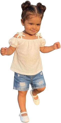 Emmababy Western Bird Girl Clother قميص طباعة البقر قبالة الكتف متوترة أعلى وسروال الجينز شورت راعية البقر in Saudi Arabia