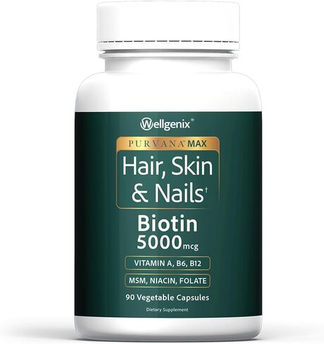 Wellgenix Purvana Max Hair, Skin & Nails Vitamin: Biotin 5000mcg for Enhanced Hair Growth, Hair Loss Prevention for Women & Men, Vegan, Ideal for Post Partum & PCOS, 90 Count, Pack of 1 in Saudi Arabia