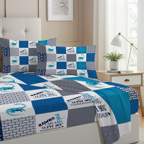 مجموعة ملاءات Allenjoy Dinosaur Baby Blue Dino مع ملاءة جاهزة وملاءة مسطحة وكيسي وسادة للأطفال الأولاد والبنات والابنة والابنة ديكور غرفة النوم، مقاس كامل in Kuwait