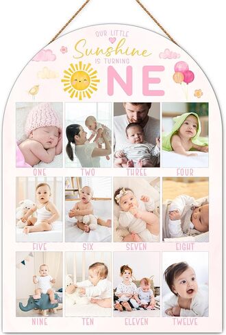 لوحة صور Sunshine My First Year، إطار صورة ديكور واحد، علامة خشبية 12 شهرًا، ديكور حضانة وردي للفتيات الصبي، هدايا تذكارية للأطفال-A10 in Kuwait