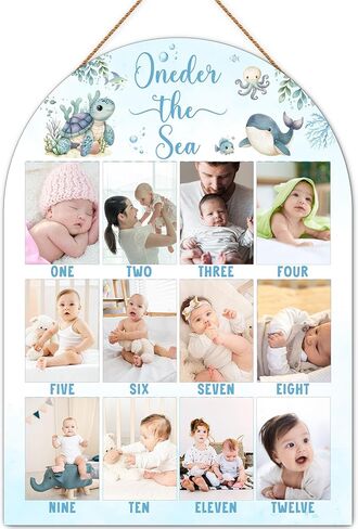Blue Ocean My First Year Photo Board, Oneder The Sea Birthday Decoration Photo Frame, 12 Monthly Baby Milestone Sign, Ocean Nursery Decor for Girl Boy, Gender Neutral Baby Keepsake Gifts-A16 in Kuwait