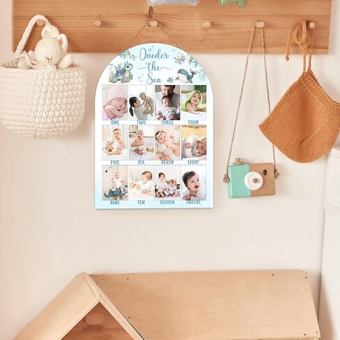 Blue Ocean My First Year Photo Board, Oneder The Sea Birthday Decoration Photo Frame, 12 Monthly Baby Milestone Sign, Ocean Nursery Decor for Girl Boy, Gender Neutral Baby Keepsake Gifts-A16 in Kuwait