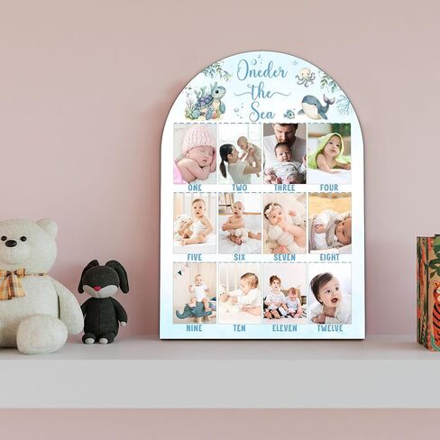 Blue Ocean My First Year Photo Board, Oneder The Sea Birthday Decoration Photo Frame, 12 Monthly Baby Milestone Sign, Ocean Nursery Decor for Girl Boy, Gender Neutral Baby Keepsake Gifts-A16 in Kuwait