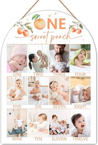 Peach My First Year Photo Board, One Sweet Peach Birthday Decoration Photo Frame, 12 Monthly Baby Milestone Wooden Sign, Pink Nursery Decor for Girl Boy, Gender Neutral Baby Keepsake Gifts-A06 in Kuwait