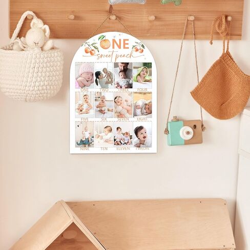 Peach My First Year Photo Board, One Sweet Peach Birthday Decoration Photo Frame, 12 Monthly Baby Milestone Wooden Sign, Pink Nursery Decor for Girl Boy, Gender Neutral Baby Keepsake Gifts-A06 in Kuwait