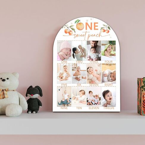 Peach My First Year Photo Board, One Sweet Peach Birthday Decoration Photo Frame, 12 Monthly Baby Milestone Wooden Sign, Pink Nursery Decor for Girl Boy, Gender Neutral Baby Keepsake Gifts-A06 in Kuwait