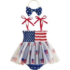 Newborn 4th of July Baby Girl Outfit Sleeveless Romper Smocked Dress Star Ruffle Tulle Tutu Headband American Flag in Kuwait