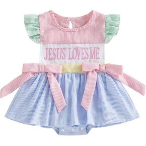Baby Girl Christian Clothes Jesus Loves Me Romper Dress Easter Gift | Ruffle Long Sleeve Smocked Bubble,Striped Bodysuit,Baptism Outfit,Newborn Church Outfit Girl,Baby Girl Easter Outfit in Saudi Arabia