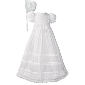 Little Things Mean A Lot 30" Cotton Batiste White Christening Baptism Gown with Cluny Trim and Bonnet in Kuwait