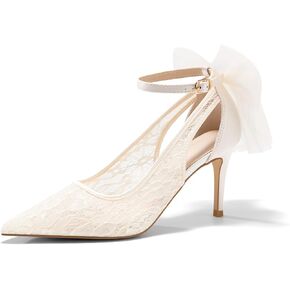 Coutgo Womens Lace High Heels Closed Pointed Toe Stiletto Pumps Bow Tie Ankle Strap Wedding Party Dress Shoes in Kuwait