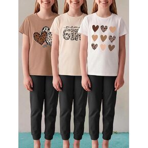 Girls 3-Piece T-Shirt Set, Mama's Girl & Leopard Heart Brown Pink White Love Print Tops, Coordinated Bundle for Kid 4-7 Years in Kuwait
