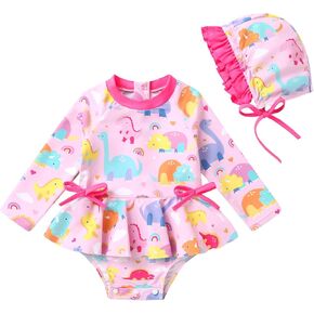 Infant Baby Girl Long Sleeve Rash Guard Set with Hat Back Zipper Bathing Suit Toddler Beach Wear in Kuwait