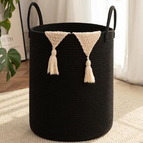 OIAHOMY Large Laundry Basket Hamper - 60L Cotton Rope Woven Basket for Blankets, Toys, Clothes - Tall Decorative Nursery Hamper with Long Handles, Brown/White in Kuwait