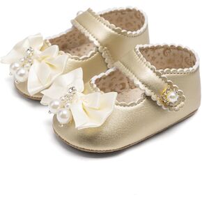 حذاء الأميرة Meckior Baby Girl Mary Jane Flats غير قابل للانزلاق ونعل ناعم مع عقدة لؤلؤية - مثالي لحفلات الزفاف وحفلات تعميد الأطفال حديثي الولادة من عمر 0 ​​إلى 15 شهرًا (أبيض/ذهبي) in Kuwait