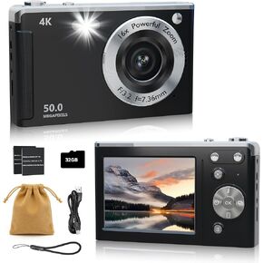 كاميرا رقمية 4K للتركيز التلقائي للتصوير الفوتوغرافي، تكبير 16X، كاميرا رقمية مدمجة محمولة بدقة 50 ميجابكسل، كاميرات سفر مدمجة للمبتدئين مع بطاقة 32 جيجابايت، بطاريتان، أسود in Kuwait