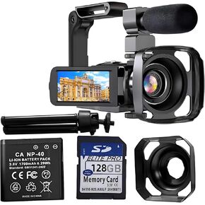 128G Card 4K Video Camera, 56Mp Digital Camera with Microphone, Handheld Stabilizer, 18X Zoom, Ir Night Vision, 3 Touch Screen, 2 Batteries, Lens Hood, and Tripod in Kuwait