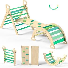 BlueWood Pikler Triangle Set, Toddler Wooden Climbing Toys Indoor 7in1 Foldable Climber for Kids, Montessori Philosophy Play Jungle Gym with Arch, Ramp, Ladder (Colorful Spring) in Kuwait