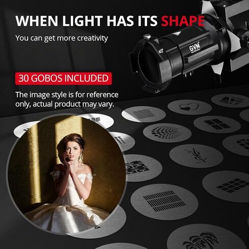 GVM Spotlight Snoot مع عدسة إسقاط 40 درجة، 30 Gobos و5 ألوان هلامية وتركيز قابل للتعديل، سنوت بصري لتركيب Bowens LED إضاءة فيديو ستوديو للإخراج المستمر حتى 600 وات in Kuwait
