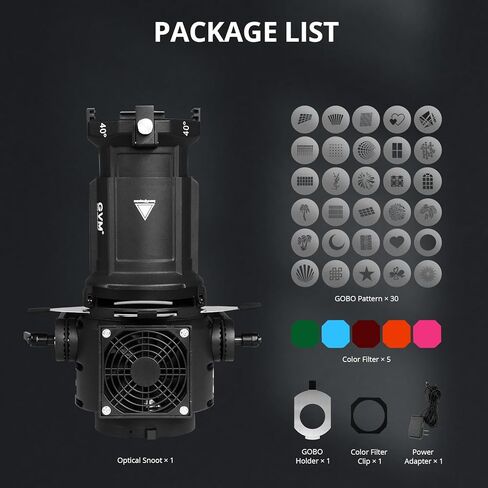 GVM Spotlight Snoot مع عدسة إسقاط 40 درجة، 30 Gobos و5 ألوان هلامية وتركيز قابل للتعديل، سنوت بصري لتركيب Bowens LED إضاءة فيديو ستوديو للإخراج المستمر حتى 600 وات in Kuwait