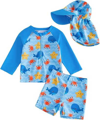 Toddler Baby Boys Swimsuit Set Trunks Long Sleeve Shirt Rash Guard Sets​ 3Pcs Bathing Suit Swimwear with Hat in Saudi Arabia