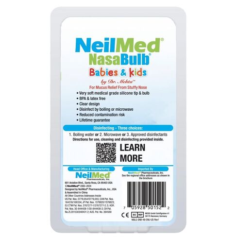 NeilMed NasaBulb شفاطة الأنف للأطفال والرضع، طرف سيليكون ناعم، تصميم شفاف، خالي من مادة BPA واللاتكس، حجم كبير قابل للتعقيم، 100 مل in Kuwait