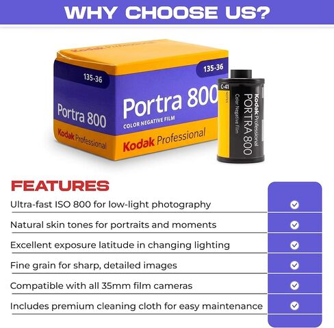 Kodak Portra 800 35mm Film Pack 36exp for 35mm Film Camera Roll Bundle - Kodak Film- Balveli Cloth - 35 mm Film Roll- Camera Film (1) in Saudi Arabia