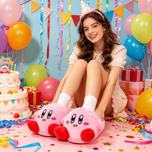 Roffatide Cartoon Kirby Cute Plush Open Back Floor Slippers Indoor Shoes Fuzzy Slippers with Rubber Sole for Women Pink in Saudi Arabia