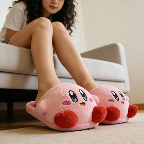 Roffatide Cartoon Kirby Cute Plush Open Back Floor Slippers Indoor Shoes Fuzzy Slippers with Rubber Sole for Women Pink in Saudi Arabia