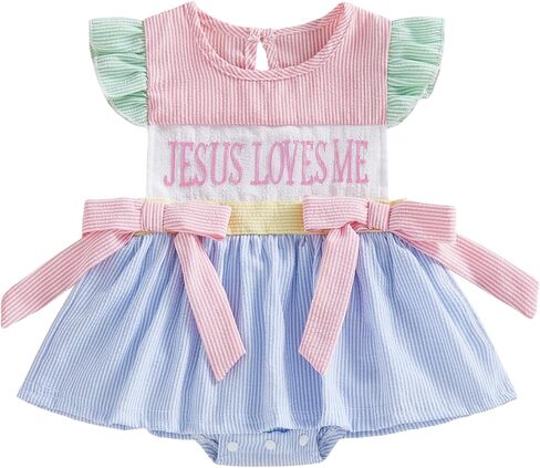 Infant Baby Girl Christian Outfit Jesus Loves Me Striped Bow Romper Dress Easter Newborn Church Baptism Bodysuit in Saudi Arabia