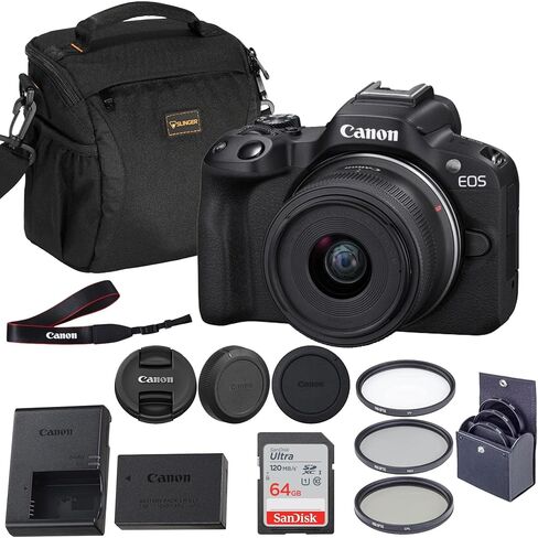 كاميرا Canon EOS R50 بدون مرآة مع عدسات RF-S مقاس 18-45 مم و55-210 مم، وAPS-C بدقة 24.2 ميجابكسل، وحزمة 4K مع بطاقة SD سعة 64 جيجابايت، وحقيبة كتف، ومجموعة مرشحات 3، وواي فاي، وبلوتوث وضمان لمدة عام in Kuwait