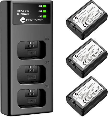FirstPower NP-FW50 Battery 3-Pack and Triple Slot Charger for Sony Alpha A6000 A6300 A6400 A6500 A7 A7II A7RII A7SII A7S A7S2 A7R A7R2 A5100 A5000 RX10 RX10II ZV-E10 in Kuwait