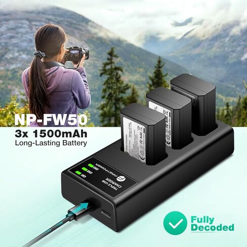 FirstPower NP-FW50 Battery 3-Pack and Triple Slot Charger for Sony Alpha A6000 A6300 A6400 A6500 A7 A7II A7RII A7SII A7S A7S2 A7R A7R2 A5100 A5000 RX10 RX10II ZV-E10 in Kuwait
