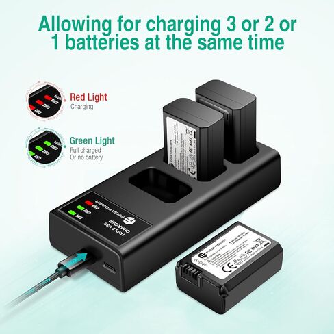 FirstPower NP-FW50 Battery 3-Pack and Triple Slot Charger for Sony Alpha A6000 A6300 A6400 A6500 A7 A7II A7RII A7SII A7S A7S2 A7R A7R2 A5100 A5000 RX10 RX10II ZV-E10 in Kuwait
