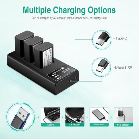 FirstPower NP-FW50 Battery 3-Pack and Triple Slot Charger for Sony Alpha A6000 A6300 A6400 A6500 A7 A7II A7RII A7SII A7S A7S2 A7R A7R2 A5100 A5000 RX10 RX10II ZV-E10 in Kuwait