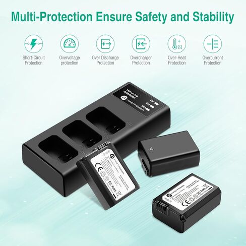 FirstPower NP-FW50 Battery 3-Pack and Triple Slot Charger for Sony Alpha A6000 A6300 A6400 A6500 A7 A7II A7RII A7SII A7S A7S2 A7R A7R2 A5100 A5000 RX10 RX10II ZV-E10 in Kuwait