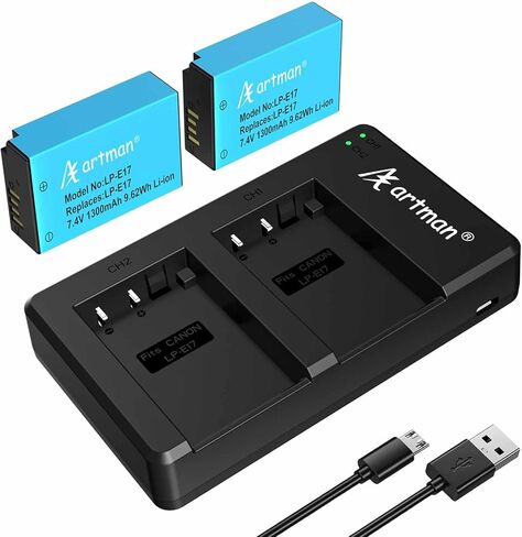 Artman LP-E17 Battery 2-Pack and Rapid Dual LP E17 Battery Charger for Canon EOS R50 R100 RP R10 R8, Rebel T8i T7i T6i T6s, Powershot V1, SL2 SL3, M3 M5 M6, 77D 200D 250D 750D 760D 800D 8000D Cameras in Saudi Arabia