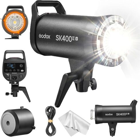 فلاش Godox SK400IIIV SK400III-V 400Ws Studio Strobe Flash، 【SK400IIV 𝐔𝐩𝐠𝐫𝐚𝐝𝐞𝐝】 GN65 5700K مع 10 واط LED للنمذجة، نظام X لاسلكي مدمج Godox 2.4G/1/260s-1/170s مدة الفلاش/جبل بوينز in Kuwait