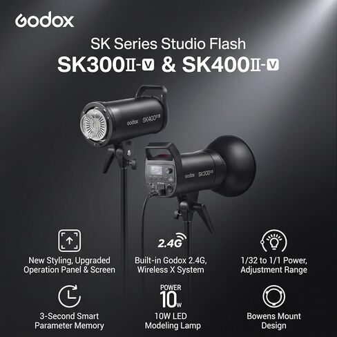 فلاش Godox SK400IIIV SK400III-V 400Ws Studio Strobe Flash، 【SK400IIV 𝐔𝐩𝐠𝐫𝐚𝐝𝐞𝐝】 GN65 5700K مع 10 واط LED للنمذجة، نظام X لاسلكي مدمج Godox 2.4G/1/260s-1/170s مدة الفلاش/جبل بوينز in Kuwait