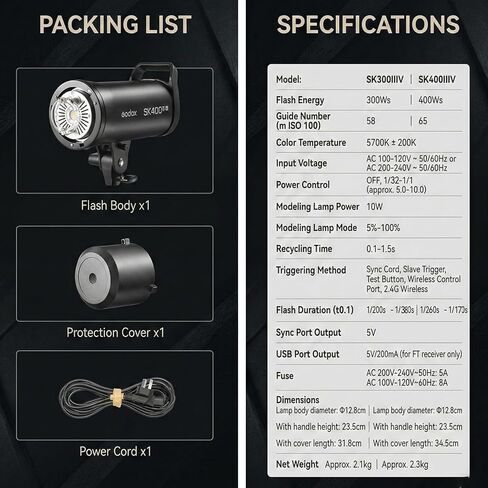 فلاش Godox SK400IIIV SK400III-V 400Ws Studio Strobe Flash، 【SK400IIV 𝐔𝐩𝐠𝐫𝐚𝐝𝐞𝐝】 GN65 5700K مع 10 واط LED للنمذجة، نظام X لاسلكي مدمج Godox 2.4G/1/260s-1/170s مدة الفلاش/جبل بوينز in Kuwait