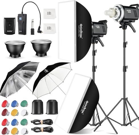 طقم فلاش Godox MS300 Studio Flash لإضاءة التصوير الفوتوغرافي، 600 واط احترافي بوينز ماونت ستروب فلاش أحادي مع سوفت بوكس، مشغل، حامل، مظلات، عاكسات لتصوير صورة المنتج in Kuwait