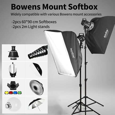 طقم فلاش Godox MS300 Studio Flash لإضاءة التصوير الفوتوغرافي، 600 واط احترافي بوينز ماونت ستروب فلاش أحادي مع سوفت بوكس، مشغل، حامل، مظلات، عاكسات لتصوير صورة المنتج in Kuwait