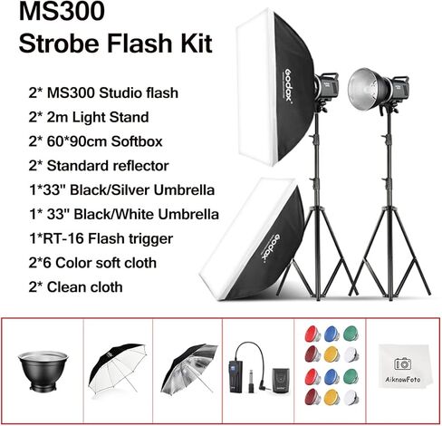 طقم فلاش Godox MS300 Studio Flash لإضاءة التصوير الفوتوغرافي، 600 واط احترافي بوينز ماونت ستروب فلاش أحادي مع سوفت بوكس، مشغل، حامل، مظلات، عاكسات لتصوير صورة المنتج in Kuwait