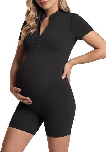 V VOCNI Women's Maternity Jumpsuit Short Sleeve Bodysuit Zip Up Romper Bottom Shorts Bodycon One Piece Pregnancy Tops in Saudi Arabia