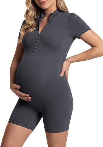 V VOCNI Women's Maternity Jumpsuit Short Sleeve Bodysuit Zip Up Romper Bottom Shorts Bodycon One Piece Pregnancy Tops in Saudi Arabia