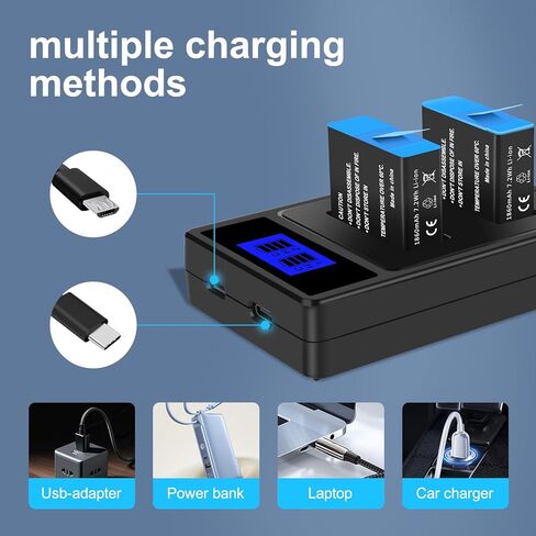 عبوتان من بطاريات وشاحن بديلة Hero 8/7/6/5 بقدرة 1860 مللي أمبير في الساعة، لـ GoPro Hero 8/7/6/5، متوافقة تمامًا مع بطاريات GoPro الأصلية، طاقة الكاميرا للتصوير الفوتوغرافي ومدونات الفيديو والسفر in Kuwait