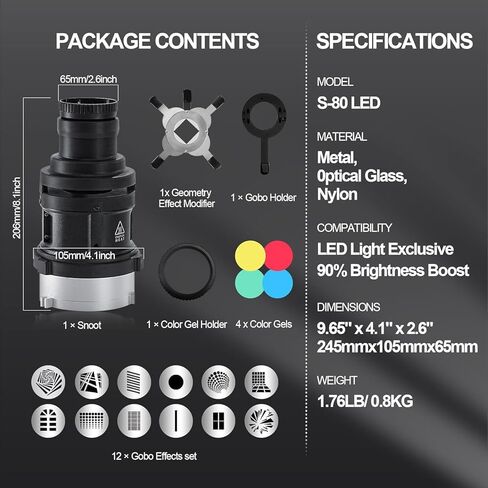WELLMAKING S80LED Bowens Mount Snoot Optical لمصابيح LED: خرج أكثر سطوعًا بنسبة 90%، عدسة تركيز قابلة للتعديل 38 درجة، تصوير فائق الوضوح للتصوير الفوتوغرافي في الاستوديو/الفيديو، التحكم الاحترافي في الإضاءة وتأثيرات الظل الواضحة in Kuwait
