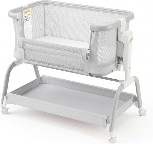 3 in 1 Baby Bassinet,Rocking Bassinets Bedside Sleeper with 6 Adjustable Heights,Breathable Full-Mesh,Comfortable Mattress & Lockable Wheels,Stable Rolling Portable Crib for Newborns(Beige) | Breathable Full-Mesh, Wood Grain Design, V-Shaped Structure in Saudi Arabia