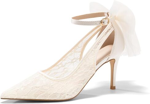 Coutgo Womens Lace High Heels Closed Pointed Toe Stiletto Pumps Bow Tie Ankle Strap Wedding Party Dress Shoes in Kuwait