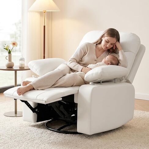 Nursery Glider Recliner with Adjustable Armrests, Oversized Comfortable Nursing Chair for Breastfeeding Moms, 360°Swivel, 90°-160° Recline, Quiet Rocking Chair Nursery for Living Room, White in Saudi Arabia